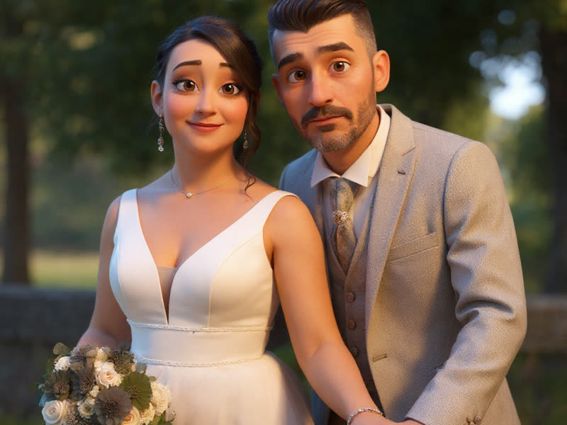 Tommy et Marina, jeunes mariés, en version personnages animés